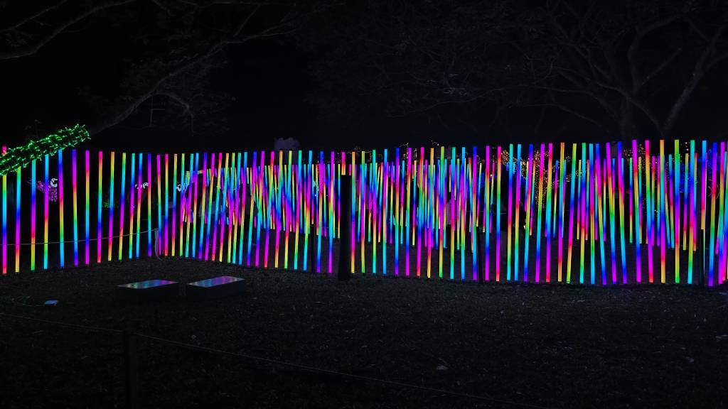 Instalação artística noturna com centenas de tubos de luz verticais em cores vibrantes como rosa, azul, verde e amarelo, dispostos em fileiras sobre a grama escura, criando um efeito de cerca luminosa. Ao fundo, árvores com galhos escuros se destacam contra o céu preto