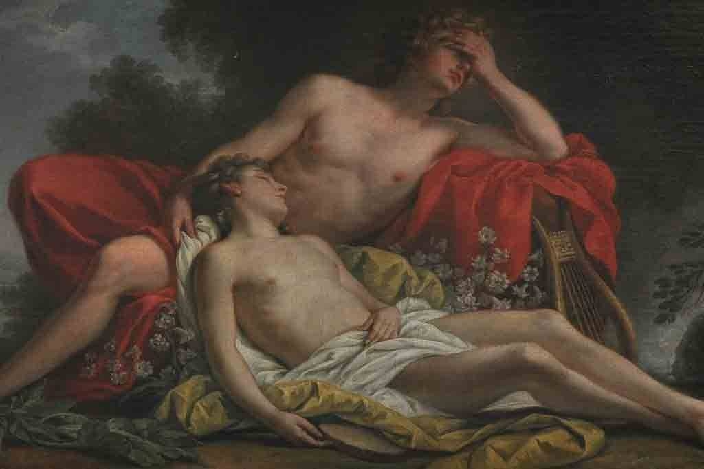Pintura barroca de dois jovens seminuos. Um está deitado, dormindo, coberto por um pano branco e amarelo. O outro, sentado atrás, com um pano vermelho, tem a mão na testa, parecendo aflito. Ao fundo, árvores e um céu escuro. Há um alaúde e flores brancas perto do jovem sentado