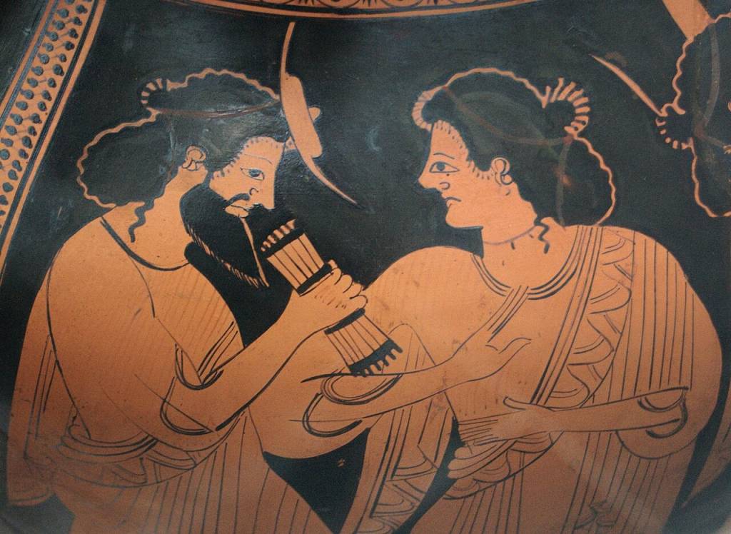 Pintura em vaso grego antigo, com duas figuras em perfil, uma barbada segurando um arco e aljava, e outra sem barba olhando para ela