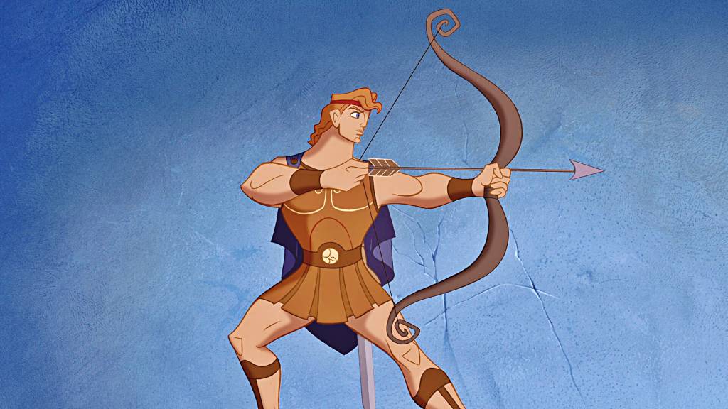 Frame do filme Hércules da Disney, mostrando o personagem principal com um arco-e-flecha.