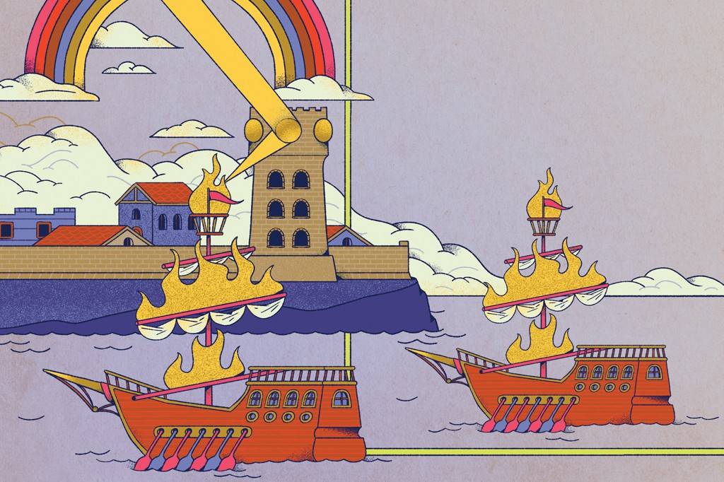 Dois navios de guerra antigos, com velas em chamas e remos vermelhos, navegam em um mar azul escuro. Ao fundo, uma cidade murada com casas e uma torre de pedra, sob um céu lilás com nuvens e um arco-íris. Um raio de luz amarela desce do céu, atingindo a torre e um dos navios.