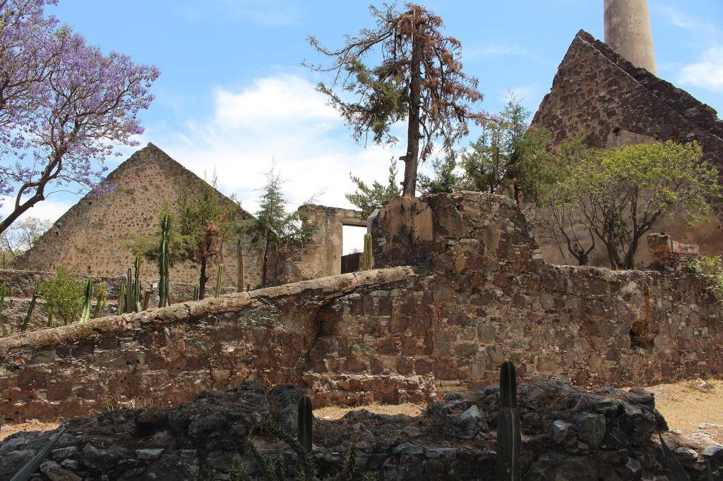 Ruínas de pedra em tons terrosos, com paredes triangulares e uma chaminé alta à direita. Cactos e árvores, incluindo uma jacarandá florida à esquerda, crescem entre as estruturas sob um céu azul com nuvens esparsas