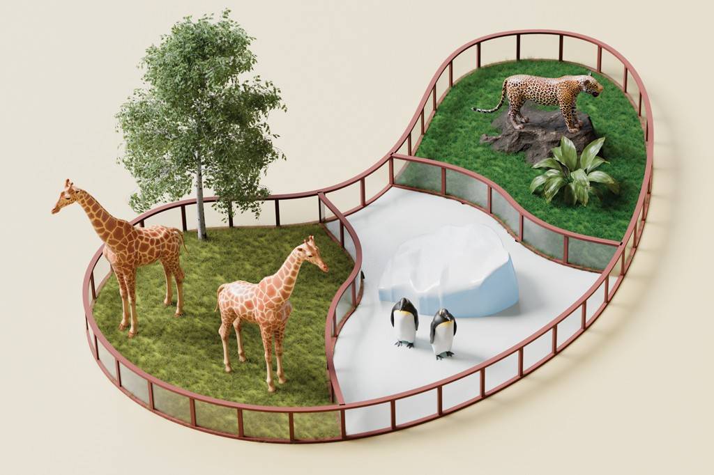 SI_488_Zoológico_5 Maquete de um zoológico com três recintos: duas girafas em gramado com árvore, dois pinguins em área de gelo com iceberg, e um leopardo sobre rocha em gramado com planta.