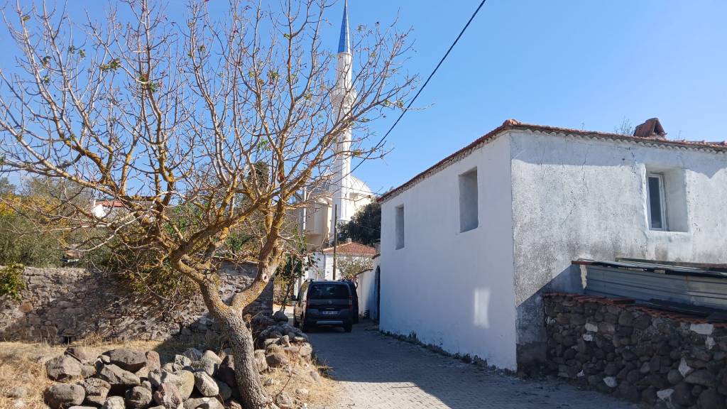 Rua estreita de paralelepípedos com um carro preto estacionado, ladeada por uma casa branca com telhado de telhas e um muro de pedras. Ao fundo, uma mesquita branca com minarete azul pontiagudo e árvores secas sob céu azul claro