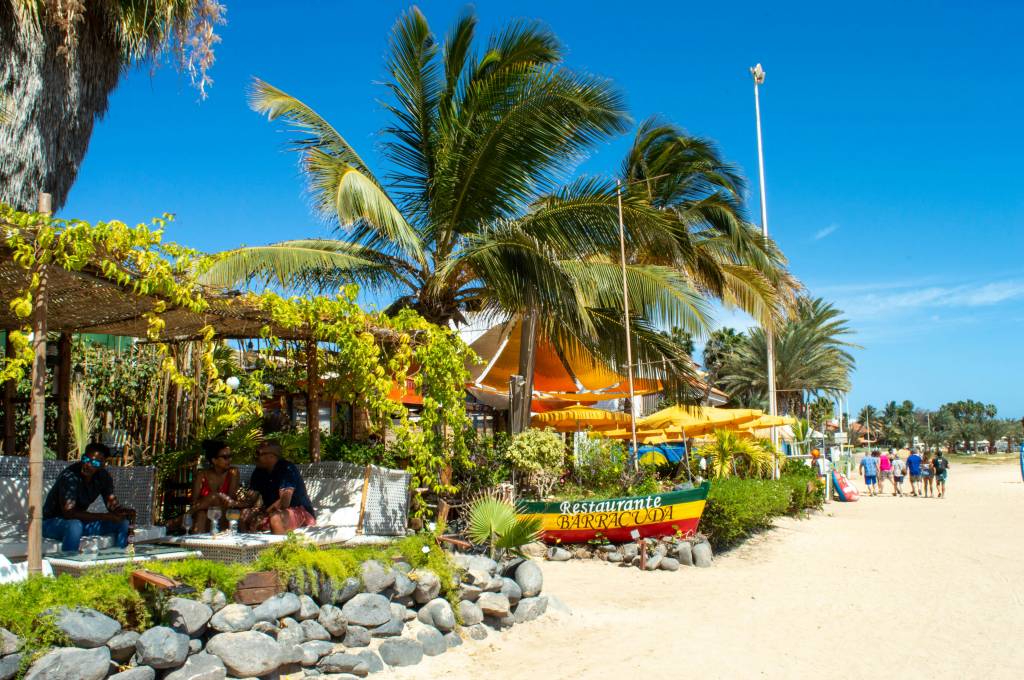 Pessoas relaxam em um restaurante de praia com teto de palha e plantas, sob palmeiras. Um barco colorido com Restaurante Barracuda está na areia, e um grupo caminha ao fundo