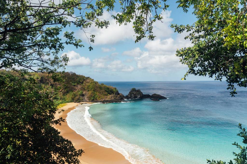 Vista aérea da Praia do Sancho em Fernando de Noronha, com areia dourada e mar azul-turquesa. Ondas brancas chegam à costa, enquanto rochas escuras emergem da água. A praia é cercada por morros verdes e o céu tem nuvens esparsas. Galhos de árvores em primeiro plano emolduram a paisagem.