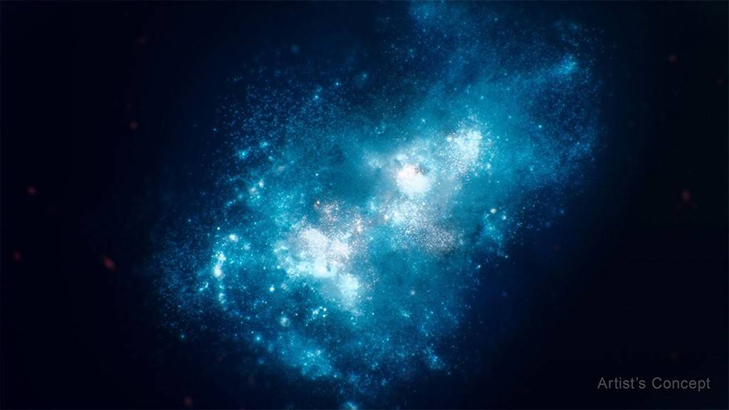 Nuvens de gás e poeira cósmica em tons de azul brilhante, com pontos luminosos que representam estrelas, em um fundo escuro do espaço. No canto inferior direito, lê-se Artists Concept.
