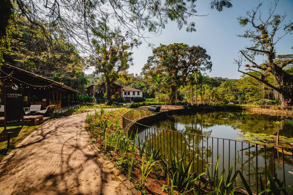 Caminho de terra batida ladeado por vegetação e um lago com plantas aquáticas, à direita. À esquerda, uma cafeteria rústica com letreiro CAFETERIA COFFEE SHOP e bancos de madeira. Ao fundo, casas e árvores altas sob céu azul