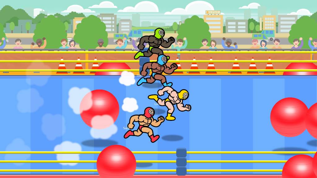Rhythm Heaven Groove_3 Quatro lutadores mascarados correm em um ringue azul, com bolas vermelhas e cones de trânsito. A plateia torce ao fundo, com prédios e árvores na paisagem urbana