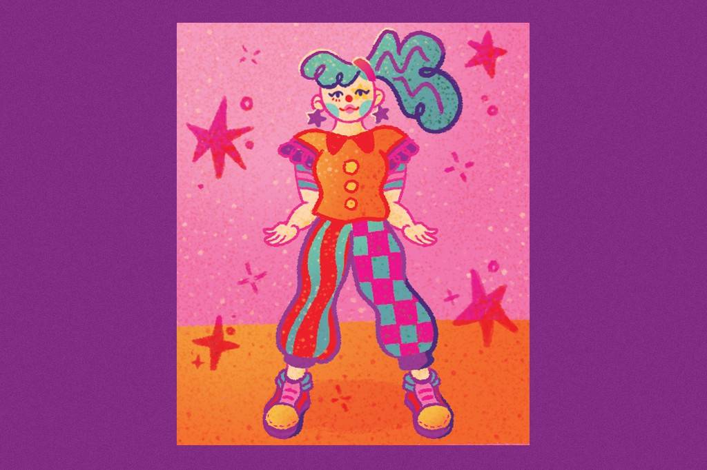 SI_488_Oráculo_Manual_1 Ilustração de uma palhaça sorridente com maquiagem colorida, cabelo azul-esverdeado preso em um rabo de cavalo alto, blusa laranja com botões e laço, calça listrada e xadrez, e sapatos rosa e amarelos. O fundo é rosa com estrelas e cruzes, e uma faixa laranja na parte inferior.