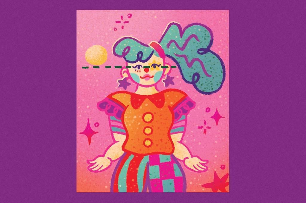 SI_488_Oráculo_Manual_2 Ilustração de uma palhaça com maquiagem colorida, cabelo azul-turquesa preso em rabo de cavalo, e roupa laranja, rosa e azul. Uma linha tracejada verde atravessa seus olhos, e um círculo amarelo está à esquerda da cabeça. O fundo é rosa com brilhos.