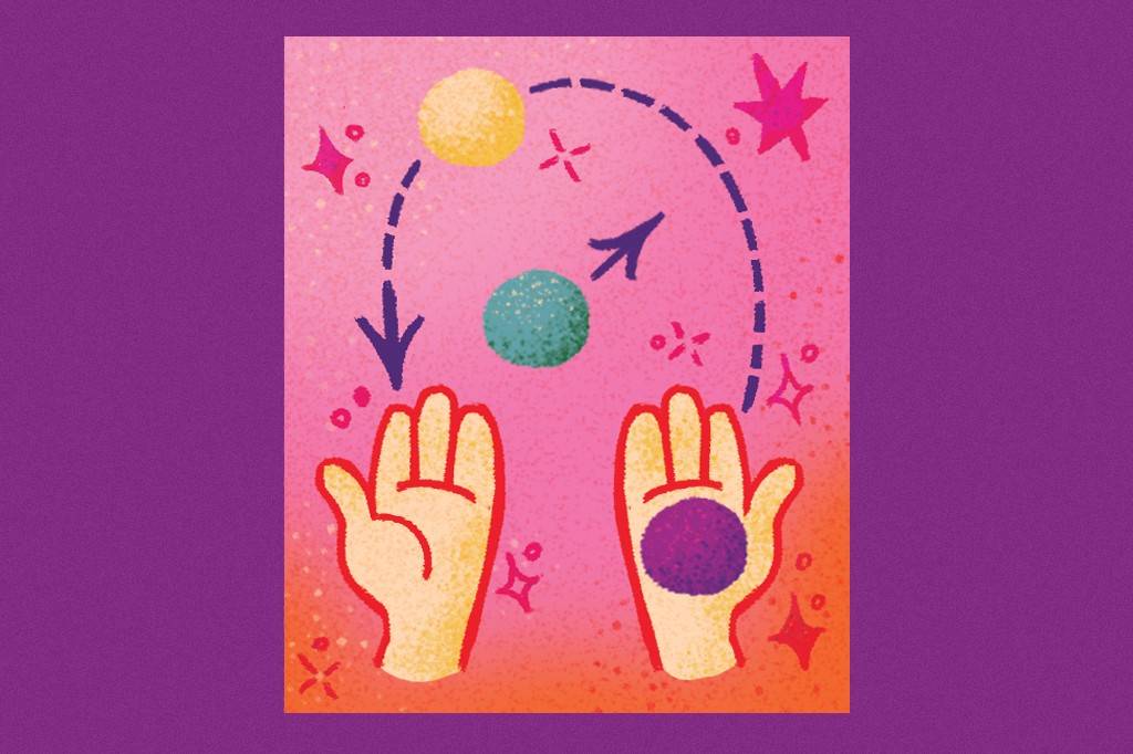 SI_488_Oráculo_Manual_4 Ilustração de duas mãos abertas, com uma bola roxa na palma da mão direita. Acima, uma bola amarela e uma azul flutuam, conectadas por setas tracejadas que indicam movimento entre elas e para as mãos, em um fundo rosa com estrelas e brilhos.