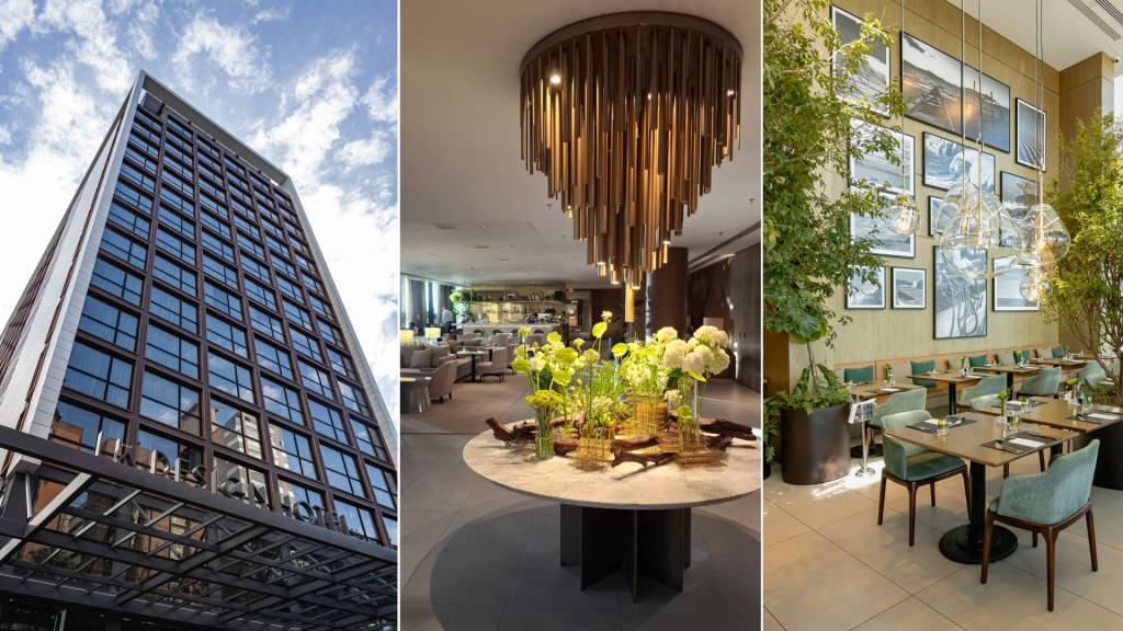 Três imagens: um edifício alto de janelas escuras sob céu azul, um saguão com lustre moderno e arranjos florais, e um restaurante com mesas e cadeiras verdes, plantas e quadros na parede