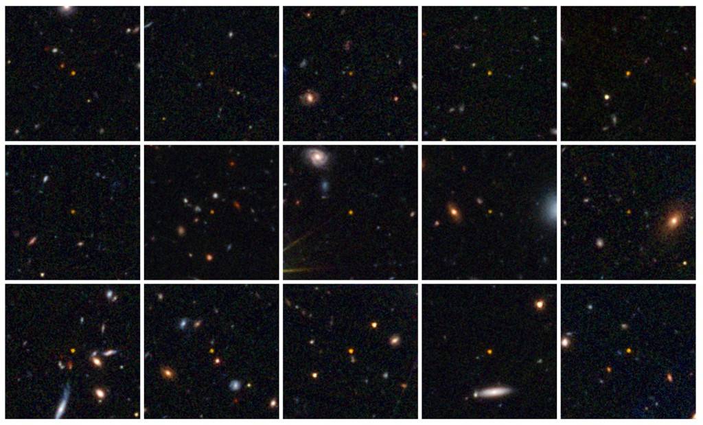 0907-buracos-negros-layout_site-INT Grade de 15 imagens individuais, cada uma mostrando um campo escuro do espaço com múltiplas galáxias e estrelas distantes em tons de branco, amarelo, laranja e azul