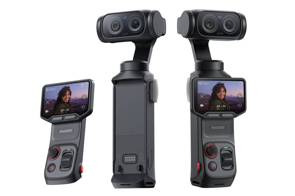 Três câmeras Insta360 Ace Pro, duas de frente e uma de costas, exibindo uma mulher sorrindo em paisagem montanhosa na tela, com resolução 8K 30fps e lentes Leica.