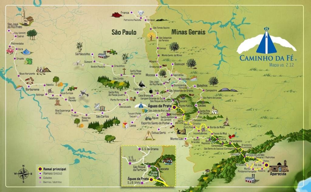 Mapa ilustrado do Caminho da Fé, mostrando rotas de peregrinação em São Paulo e Minas Gerais até Aparecida, com ícones de cidades e paisagens