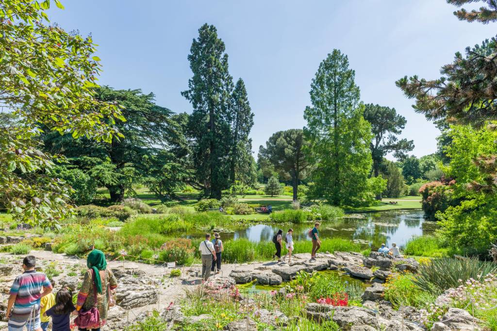Pessoas caminham por um parque verdejante com um lago, árvores altas e folhagens exuberantes sob um céu azul claro. Um grupo de turistas atravessa um caminho de pedras sobre um riacho, enquanto outros relaxam à beira da água. A vegetação é variada, com flores coloridas e arbustos densos, criando um ambiente natural e tranquilo