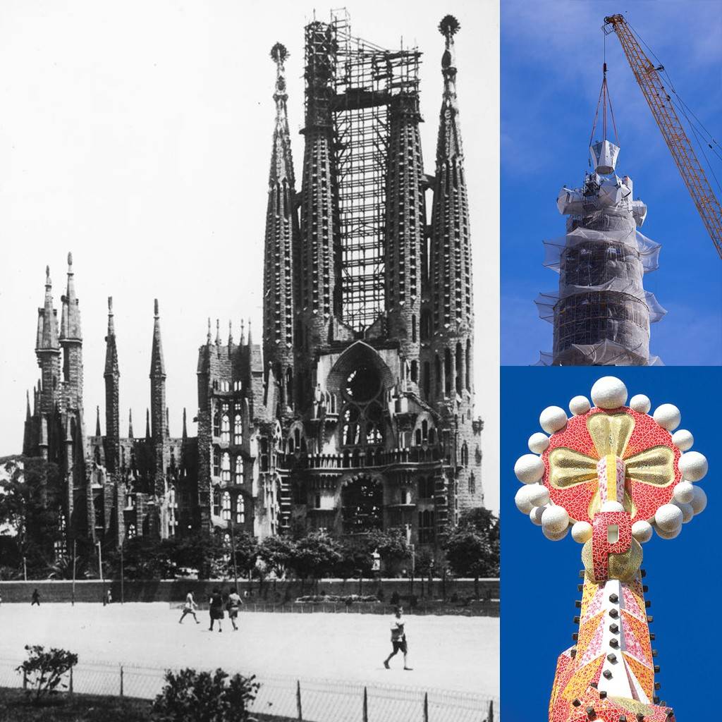 SI_489_Sagrada_Família_3 Três imagens da Sagrada Família: à esquerda, foto antiga em preto e branco da fachada em construção, com andaimes e pessoas no primeiro plano; no canto superior direito, uma torre sendo erguida por um guindaste; no canto inferior direito, o topo colorido e ornamentado de uma torre finalizada contra um céu azul
