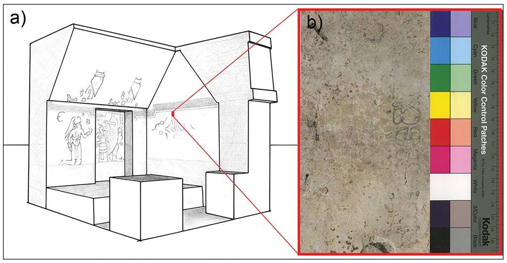 SI_SEO-Astronomo-Maia_site02 Desenho esquemático de uma estrutura arquitetônica com paredes internas decoradas por figuras humanas e símbolos, e um detalhe ampliado de uma parede com textura rugosa e uma escala de cores Kodak