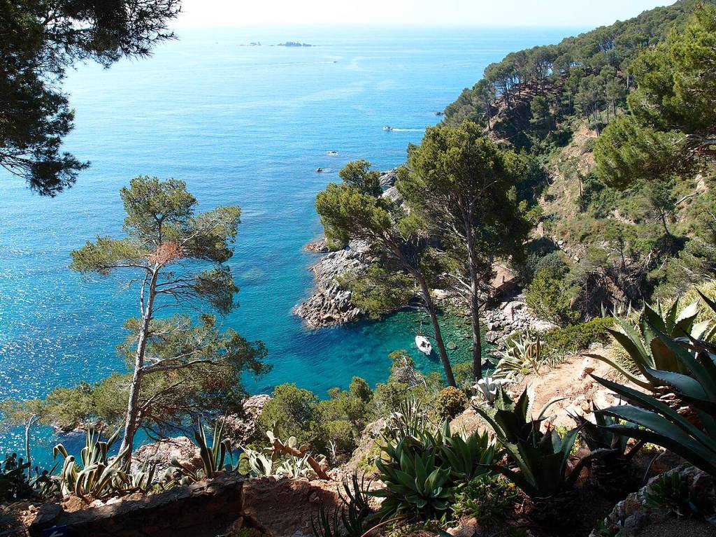 Vista aérea de uma enseada com águas cristalinas azul-turquesa, cercada por falésias rochosas e vegetação mediterrânea densa. Pinheiros altos e agaves pontiagudas dominam a paisagem, com um pequeno barco branco ancorado na água calma. Ao fundo, o mar azul profundo se estende até o horizonte, com pequenas ilhas distantes. O céu está claro e ensolarado, transmitindo uma atmosfera de tranquilidade natural. Foto sob licença CC BY-SA 4.0