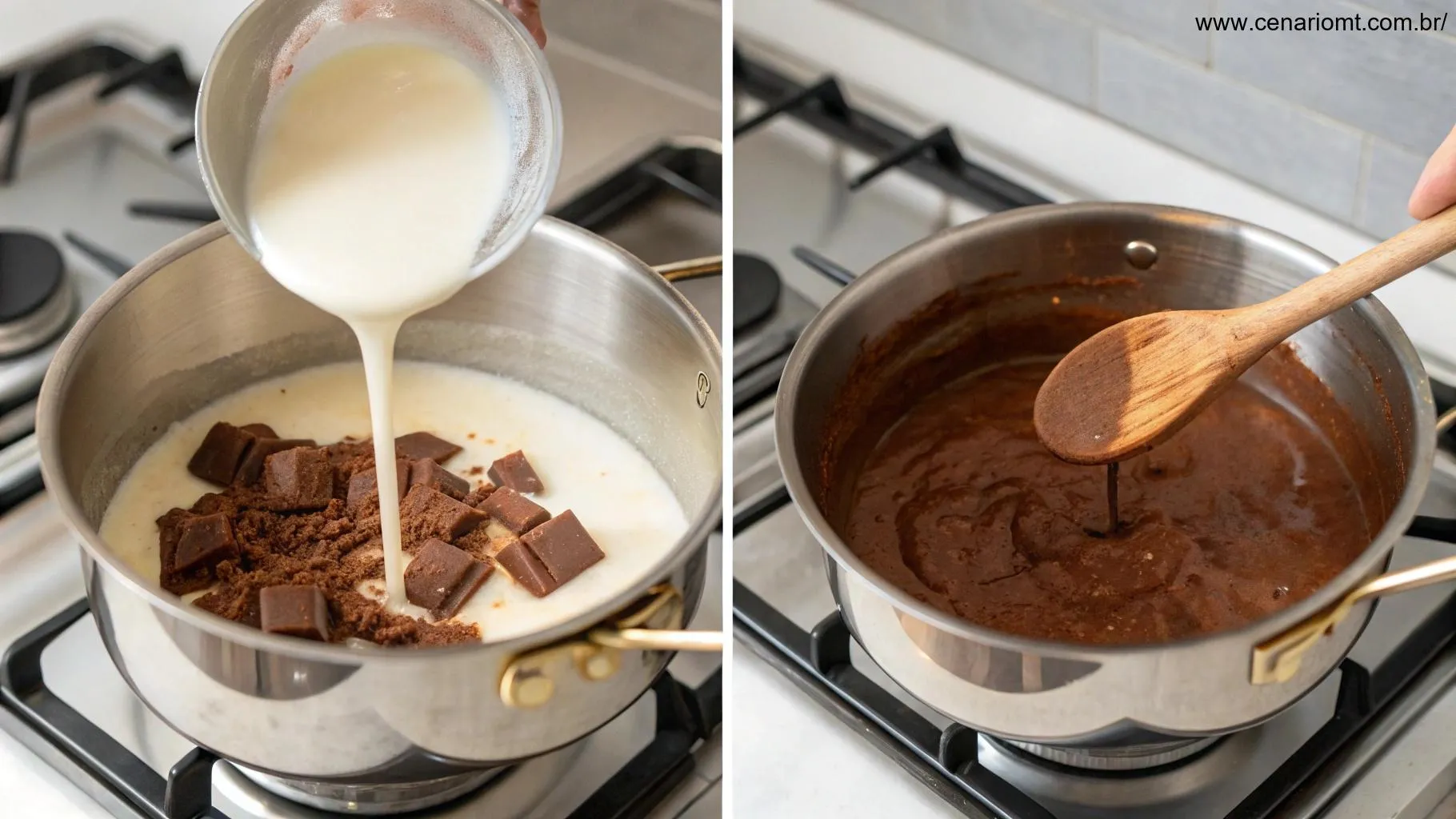 como-preparar-o-chocolate-quente-cremoso-219460 Preparação passo a passo de chocolate quente cremoso, mostrando o processo de mistura dos ingredientes em uma panela no fogão com uma colher de pau
