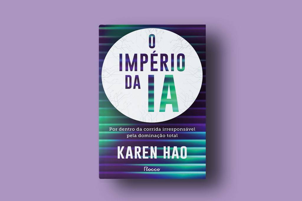 SI_489_Playlist_1 Capa do livro O Império da IA de Karen Hao, com fundo roxo e listras horizontais em tons de azul e verde. O título está em destaque dentro de um círculo branco com padrões de circuito, e o subtítulo Por dentro da corrida irresponsável pela dominação total aparece abaixo