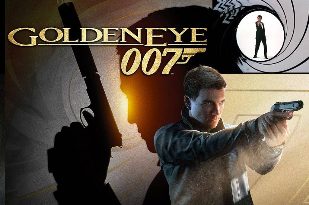 SI_489_Playlist_4 Capa do jogo GoldenEye 007, com o título dourado. À esquerda, uma silhueta escura de uma mão segurando uma arma. À direita, um homem de casaco escuro, com expressão séria, mira uma pistola prateada. No canto superior direito, um círculo branco com um homem de terno preto e gravata, de costas, segurando uma arma, dentro de um cano de arma giratório.