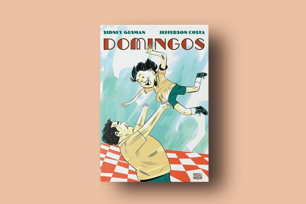SI_489_Playlist_2 Capa do livro Domingos com um homem sorridente jogando uma criança para o alto, ambos com roupas claras, sobre um fundo azul e branco, e uma toalha xadrez vermelha e branca. Autores Sidney Gusman e Jefferson Costa