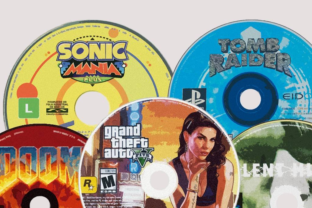 SI_489_Playlist_5 Discos de jogos eletrônicos sobrepostos: Sonic Mania Plus, Tomb Raider, Grand Theft Auto V, Doom e um disco verde com texto ilegível.