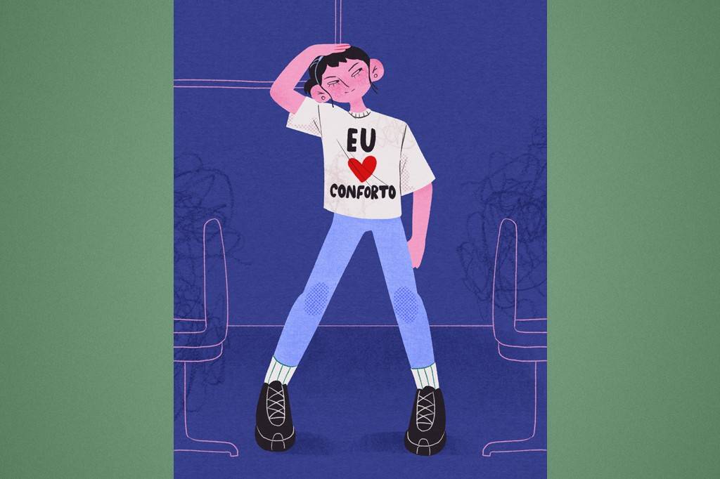 SI_489_Oráculo_Manual_3a Ilustração de pessoa de pele clara, cabelo escuro, vestindo camiseta branca com EU ❤️ CONFORTO, calça azul e tênis pretos, com a mão na testa, em um fundo azul com contornos de cadeiras