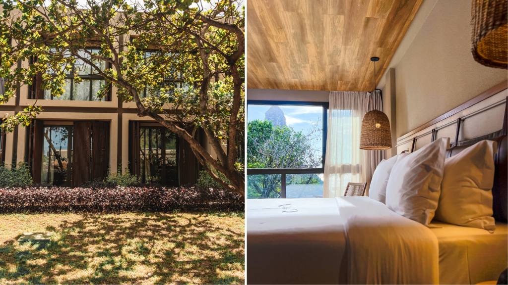 À esquerda, fachada de um prédio moderno com janelas grandes e portas de madeira, cercado por gramado, arbustos e uma árvore frondosa. À direita, interior de um quarto com cama arrumada, teto de madeira, luminária pendente de palha e uma janela com vista para uma montanha e vegetação