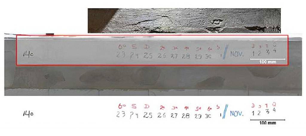 Uma superfície cinza clara com anotações manuscritas em vermelho e preto, incluindo 14o, dias da semana e datas de 23 a 30 de outubro e 1 a 4 de novembro, com uma régua de 100 mm