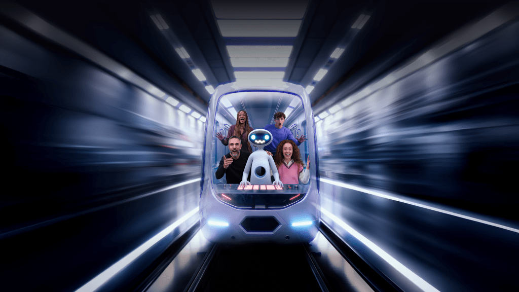 Quatro pessoas e um robô branco sorrindo e gesticulando dentro de um trem futurista azul claro, em alta velocidade por um túnel escuro com luzes brancas