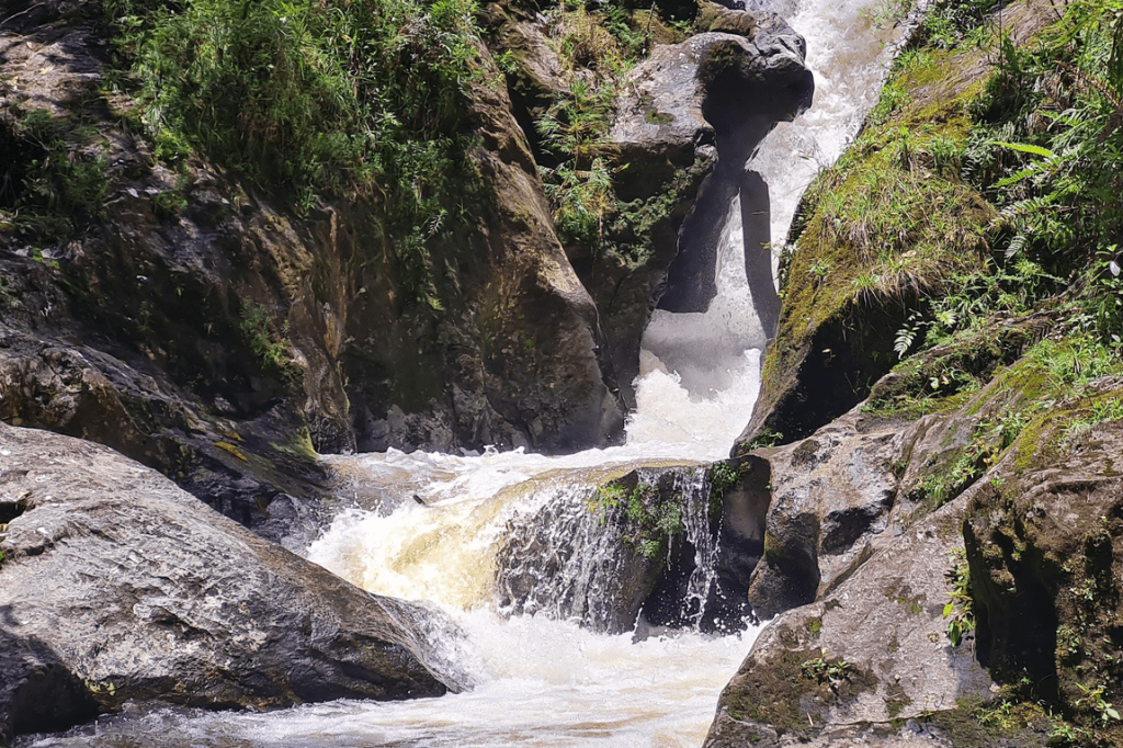 Cachoeira com água branca espumante caindo entre rochas escuras e musgosas, cercada por vegetação verde exuberante sob luz solar