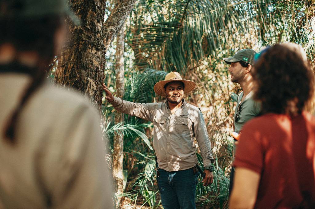 Um guia turístico sorridente, de chapéu de palha e camisa bege, aponta para uma árvore enquanto conversa com um grupo em uma floresta tropical