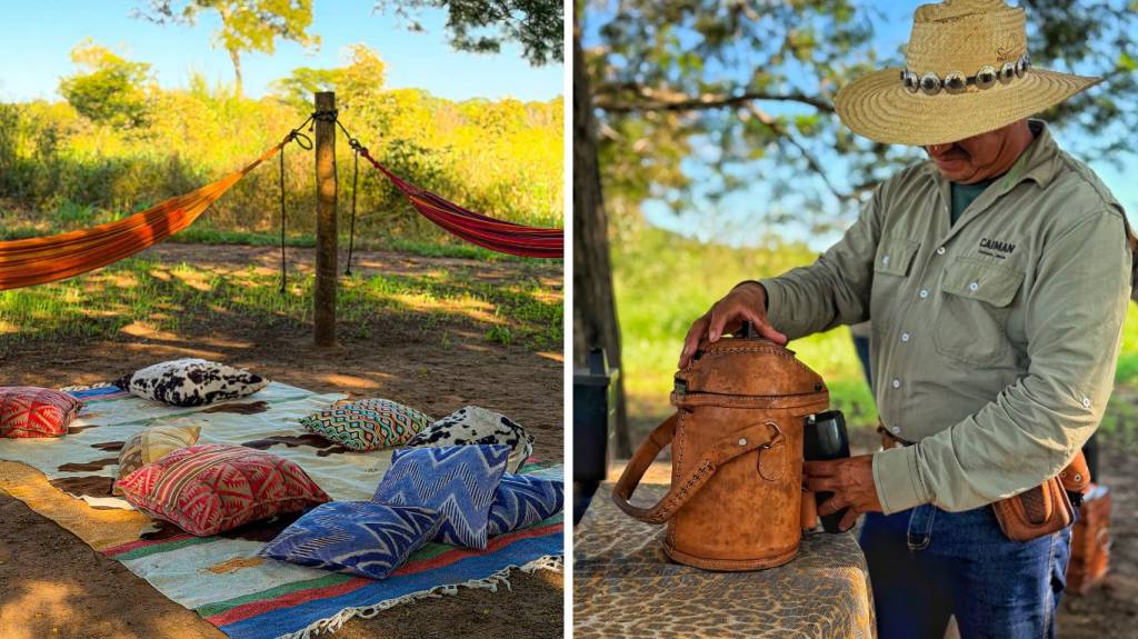 Duas cenas: à esquerda, um piquenique com esteira e almofadas coloridas sob redes de descanso; à direita, um homem de chapéu e camisa Caiman manuseia uma cuia de tereré de couro