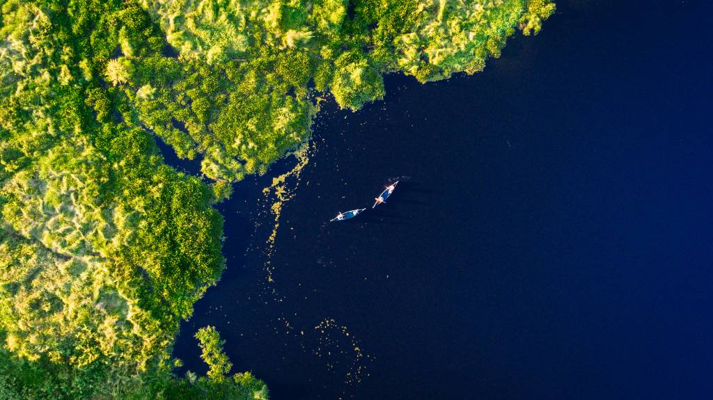 Vista aérea de dois caiaques brancos com pessoas remando em um rio azul escuro, cercado por vegetação verde exuberante e densa em um dia ensolarado