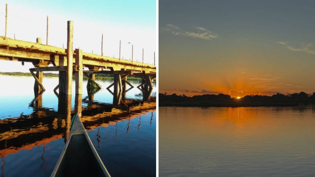 Duas fotos lado a lado. À esquerda, a proa de uma canoa em um rio calmo, refletindo uma ponte de madeira rústica e o céu azul. À direita, um pôr do sol alaranjado sobre a linha do horizonte, com o sol parcialmente escondido por árvores escuras e o rio refletindo as cores do céu