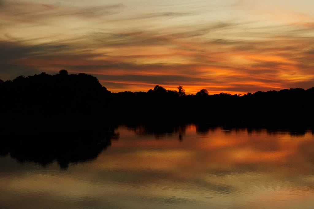 Pôr do sol com céu em tons de laranja e amarelo, refletindo na água calma de um rio. A silhueta escura de uma floresta densa aparece no horizonte, com algumas árvores mais altas se destacando. A atmosfera é serena e contemplativa