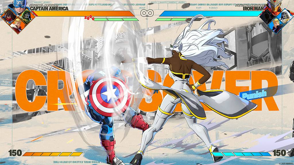 SI_Marvel-Tokon-Review_site02 Capitão América, com seu escudo, e Tempestade, com cabelos brancos e roupa branca, se enfrentam em um jogo de luta. A palavra CROSSOVER em laranja domina o centro, com barras de vida e nomes dos personagens na parte superior.