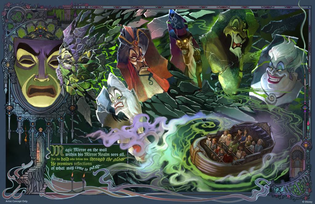 Ilustração de vilões da Disney: a máscara do Espelho Mágico, Hades, Jafar, Dr Facilier, Scar e Úrsula, emergindo de rochas escuras e fumaça verde. Abaixo, um barco com pessoas navega em um rio de fumaça verde e roxa. À esquerda, um castelo gótico e texto em inglês sobre o espelho mágico. A imagem tem uma borda ornamentada em tons de azul e roxo