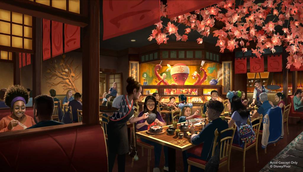 Restaurante japonês animado com clientes em mesas de madeira e uma garçonete servindo. Folhas de outono vermelhas pendem do teto, e uma pintura de polvo chef decora a parede.