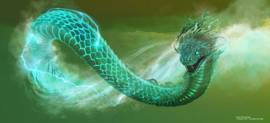Serpente marinha verde-escura com escamas brilhantes em tom ciano, olhos azuis e crina esvoaçante. Raios elétricos ciano envolvem seu corpo, que se curva em formato de S, em um fundo verde nebuloso