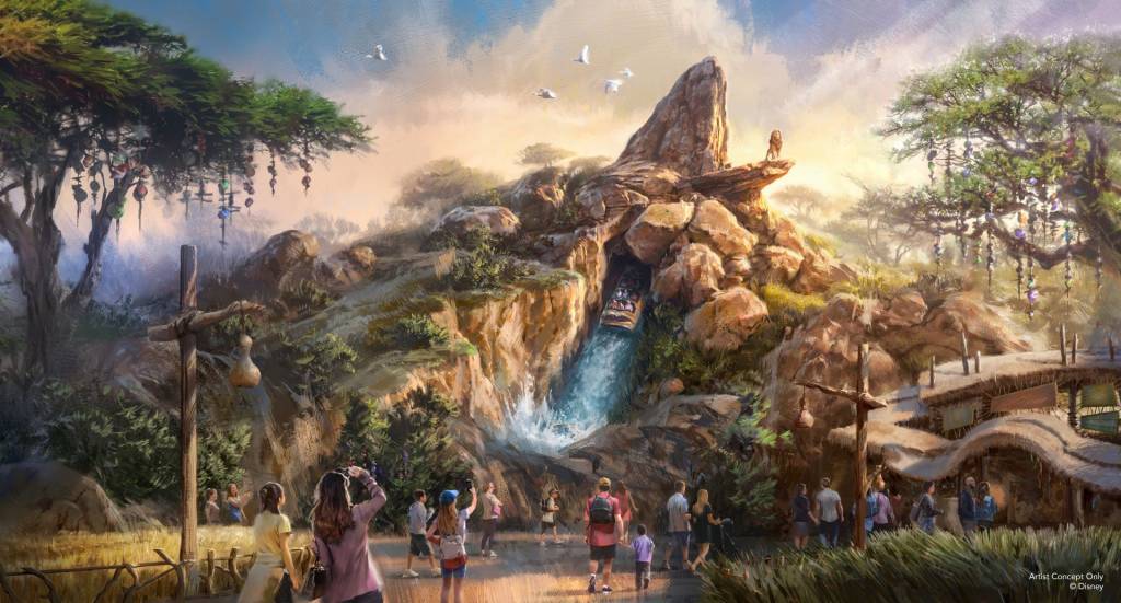 Pessoas observam um barco descendo uma cachoeira em uma montanha rochosa, com árvores decoradas e construções rústicas ao redor, em um cenário de savana africana