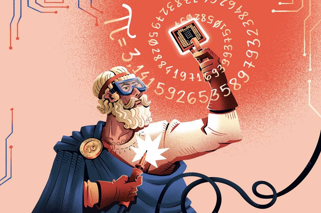 Ilustração de um homem barbudo, com óculos de proteção e capa azul, segurando um chip de computador e um ferro de solda. Números do Pi flutuam ao redor do chip, e circuitos eletrônicos adornam o fundo, em tons de vermelho e pêssego