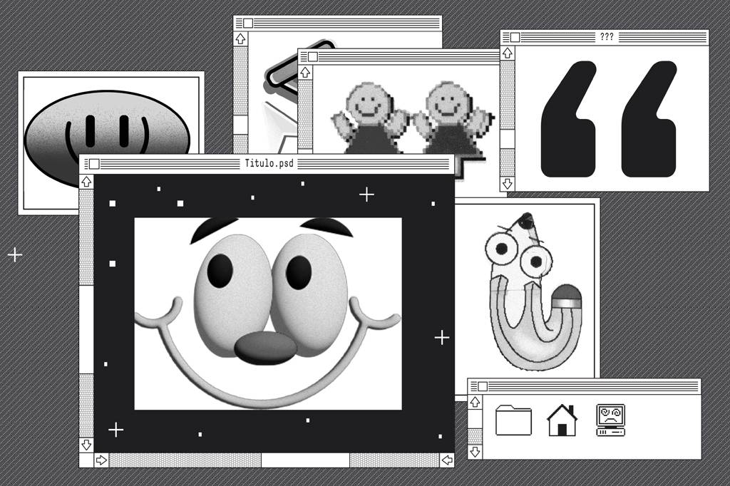 SI_490_Indie_web Múltiplas janelas de computador em preto e branco sobrepostas, exibindo ícones e imagens de estilo retrô. Uma janela mostra um rosto sorridente com olhos grandes, outra exibe dois bonecos pixelados, e há também um ícone de aspas duplas e um lápis com olhos esbugalhados. Uma janela inferior mostra ícones de pasta, casa e computador com rosto triste