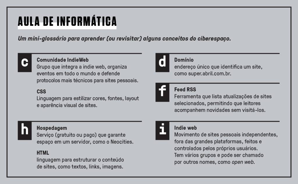 SI_490_Indie_web_4 Mini-glossário Aula de Informática com termos do ciberespaço. Inclui definições para Comunidade IndieWeb, CSS, Hospedagem, HTML, Domínio, Feed RSS e Indie web.