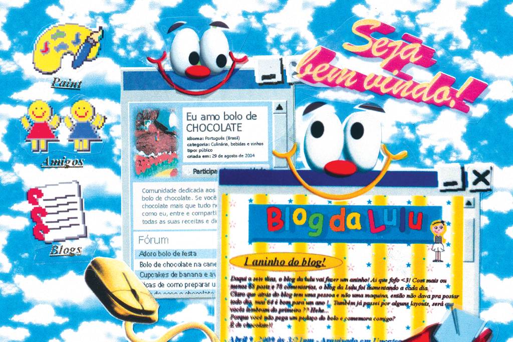 SI_490_Indie_web_1 Montagem digital com fundo de céu azul e nuvens brancas, simulando uma tela de computador com janelas e ícones. No topo, a frase Seja bem vindo! em rosa e amarelo. Há dois rostos sorridentes de olhos grandes, um em cada janela de navegador. Ícones de Paint, Amigos e Blogs aparecem à esquerda. Uma janela exibe Eu amo bolo de chocolate com detalhes de uma comunidade online. Outra janela mostra Blog da Lulu com um post sobre o aniversário do blog. Um mouse de computador amarelo está na parte inferior esquerda.