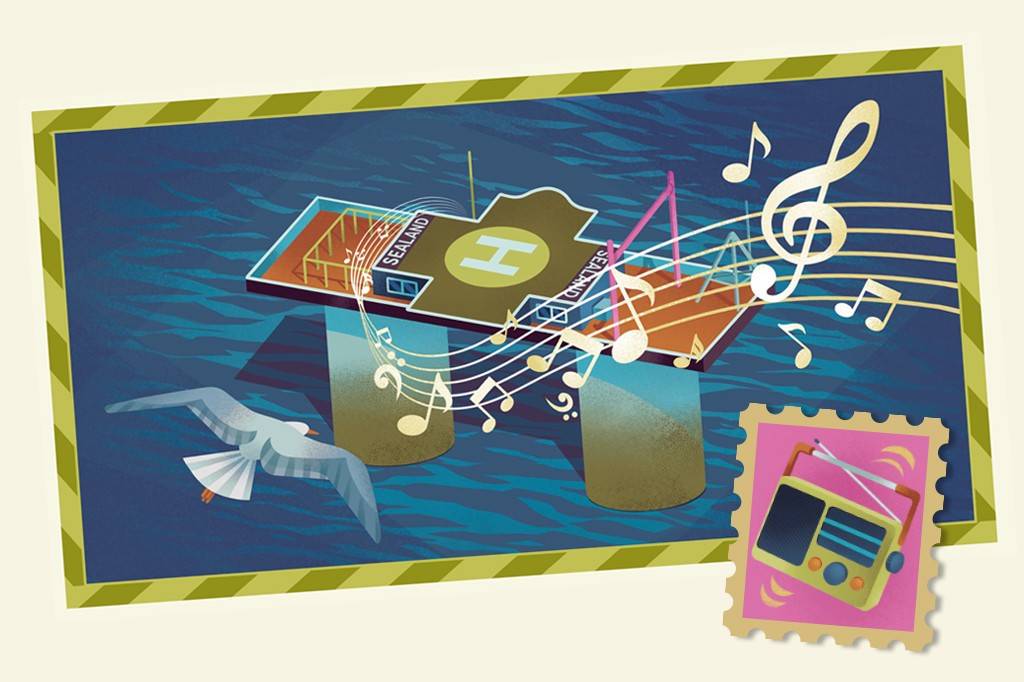 SI_490_Ilhas_da_fantasia_1 Ilustração de uma plataforma marítima com a palavra SEALAND e um H de heliponto, flutuando sobre a água. Notas musicais e uma clave de sol flutuam acima da plataforma. Um selo postal com um rádio antigo aparece no canto inferior direito. Uma gaivota voa no canto inferior esquerdo.