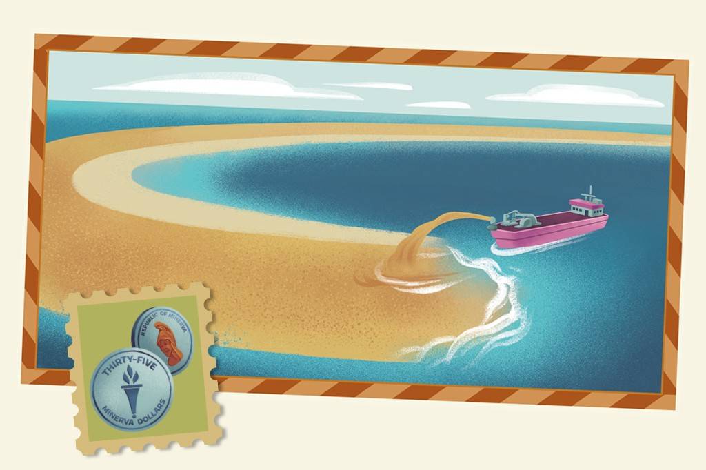 SI_490_Ilhas_da_fantasia_2 Ilustração de um navio draga rosa despejando areia no mar para formar uma ilha artificial, com um selo postal de Minerva Dollars no canto inferior esquerdo.